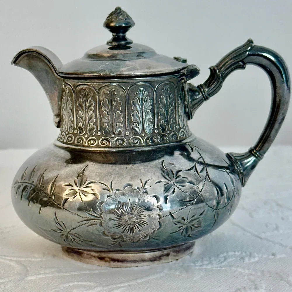 James W Tufts Boston Antique Quadruple Plate Silver Teapot Creamer Floral 1948